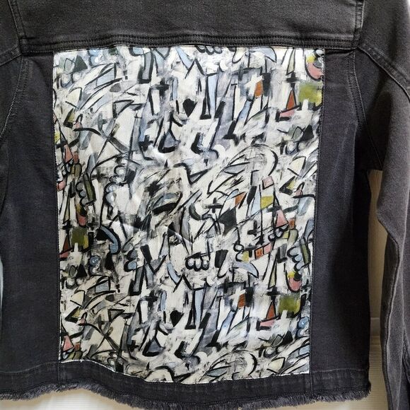 APNY Denim Jacket Women S Black Cotton Blend Graffiti Frayed Button Distressed - Picture 9 of 15